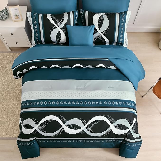 Anibedding Comforter Set Full Size,8 Piece Teal Boho Bed in a Bag,Striped Patchwork Comforter Bedding Set for All Season(78"×90")