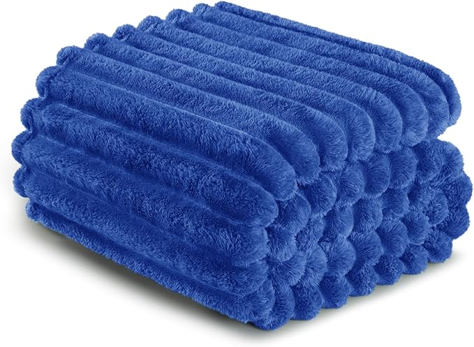Exclusivo Mezcla Twin Size Flannel Fleece Blanket, Super Soft Striped Jacquard Bed Blanket, Lightweight Fuzzy Cozy for All Seasons, 60x80 Inches, Cobalt Blue