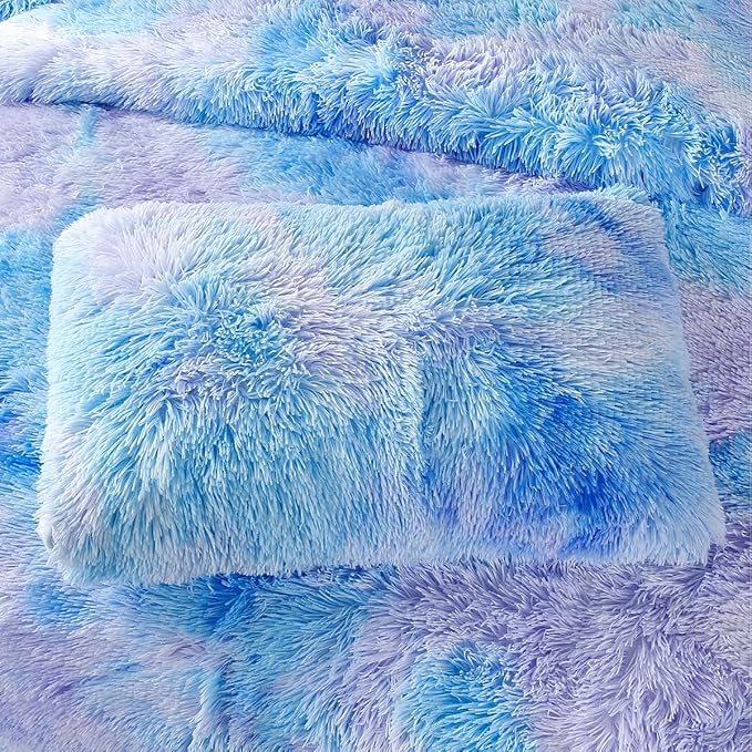 PERFEMET 3 Pcs Fluffy Faux Fur Comforter Full Size Plush Flannel Furry Blue Bedding Set Soft Tie Dye Velvet Fuzzy Comforter Set for Girls(Blue, Full)