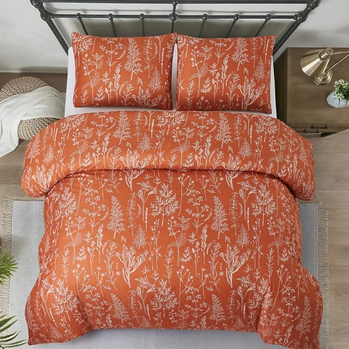 Lekesky Floral Duvet Cover Queen Size, Burnt Orange Queen Duvet Cover Plant Flowers Pattern Bedding Set for All Season, Soft Breathable Duvet Cover with Zipper Closure & Corner Ties