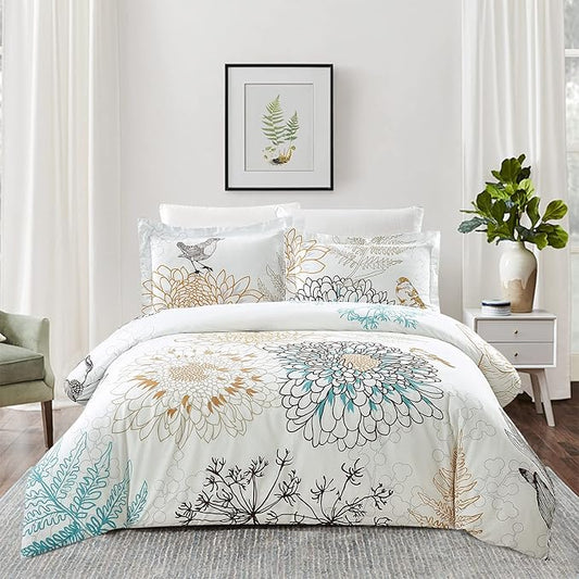 Style Quarters Queen Duvet Cover, 100% Cotton Percale Bird Style Duvet Cover 3 Pieces Duvet Cover Queen, White Duvet Cover Queen with 1 Duvet Cover and 2 Pillow Shams(Queen)