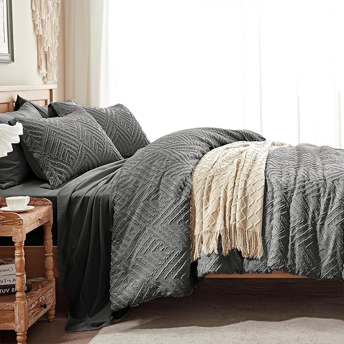 Zzlpp King Comforter Set 7 Pieces, Dark Grey Tufted Bed in a Bag with Comforter and Sheets, All Season Boho Bedding Sets with Comforter, 2 Pillow Shams, 2 Pillowcases, 1 Flat Sheet, 1 Fitted Sheet