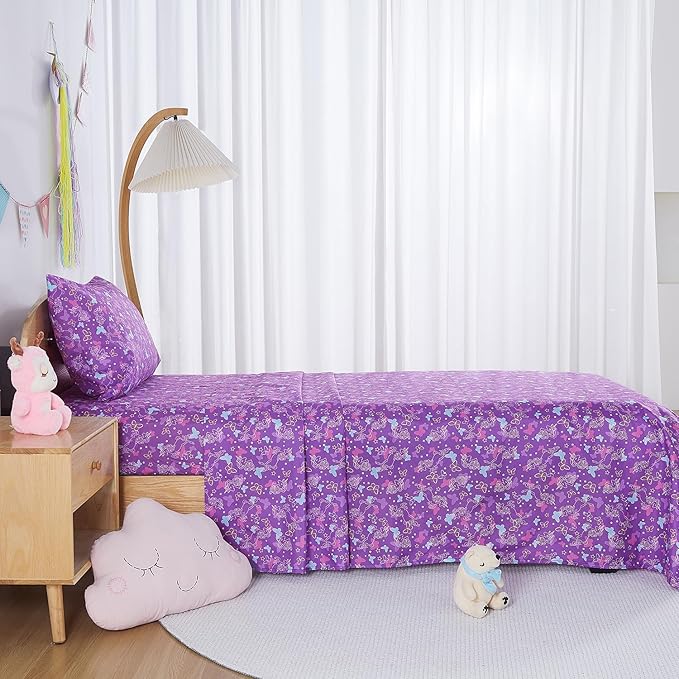Kids Sheet Set Twin Size, Twin Sheet Set with Butterfly Unicorn Pattern，Breathable Silky Soft Microfiber Kids Fitted Sheet