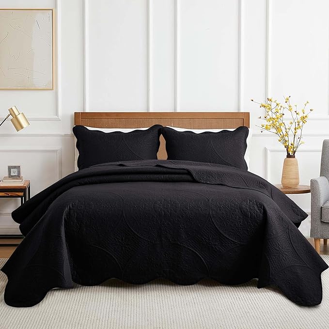 MOONLIGHT20015 8 Pack Quilt King Size Bedding (106" x 96") - Bulk Wholesale for Hotels, Guest Bedroom & Airbnbs - Lightweight Microfiber Reversible Floral Embossed Quilts Bedspreads (Black)