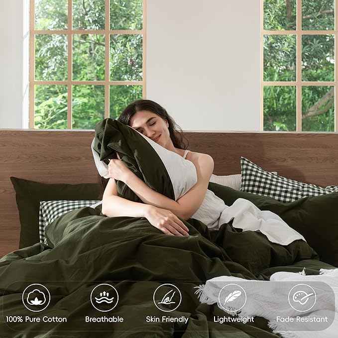 MooMee Bedding Duvet Cover Set 100% Washed Cotton Linen Like Textured Breathable Durable Soft Comfy (Solid Olive Green, King 104"x90")