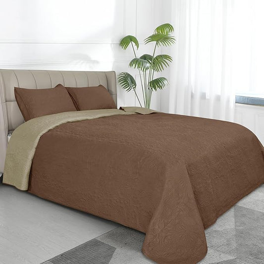 Easy-Going Twin Size Reversible Quilt Set with 1 Quilt and 1 Pillow Sham, Soft Bed Quilt Cover, Water Resistant Lightweight Microfiber Bedspread, Stain Resistant, Damask-Brown/Beige