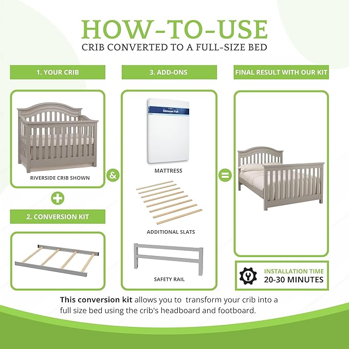 Full-Size Conversion Kit Bed Rails for Baby Cache Convertible Cribs - Solid Wood Rail - Toddler and Adult Bed Rail for Full-Size Beds - Essential Nursery & Baby Furniture (Grey)