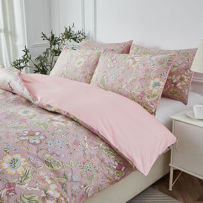 URBONUR Twin Duvet Cover Set Soft 100% Cotton Floral Bedding Sets Blush Pink Wildflower Comforter Cover, Button Closure and Corner Ties (3Pcs, Vintage Floral, Twin)