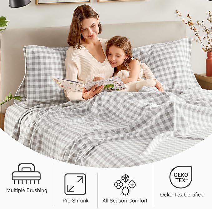 Sleep Philosophy True North 100% Cotton Flannel Sheets Full Size, Cozy Flannel Sheet Set Brushed for Extra Softness, Heavyweight Novelty Print Warm Flannel Bedding Set, Gray Herringbone Check 4 Piece