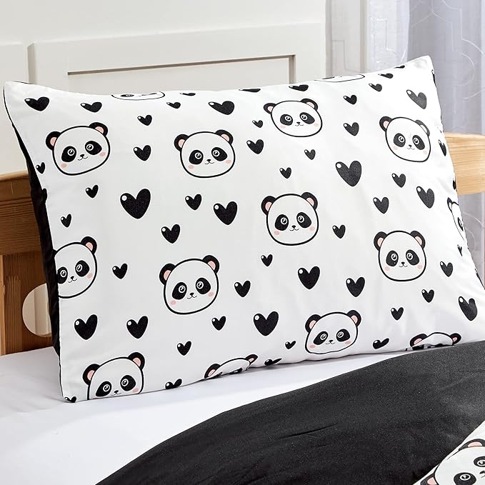 Chezmoi Collection 4-Piece Black White Girls Bedding Set Love Panda Hearts Microfiber Comforter Set w/Panda Throw Pillow for Kids Teens Full/Queen (Oversized Twin)