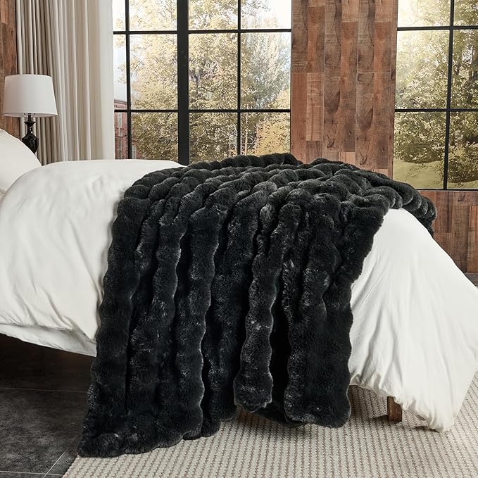 Lotus Karen Faux Fur Blanket - Black Twin Size, Big Bubble Rabbit Fluff, 60x80 Inches