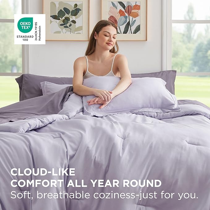 Bedsure Twin Comforter Set - 5 Pieces Lavender Twin Bedding Set for All Seasons, Boho Contrasting Design Bed in a Bag with Comforter, Sheets, Pillowcase & Sham