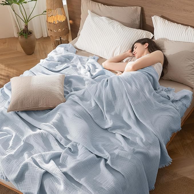 MooMee Muslin Blanket - 100% Cotton 4-Layer Gauze Throw Blanket with Tassels Ultra-Soft Breathable Lightweight Cooling for Bed Couch (Dusty Blue,Oversize Queen 98" x 98")