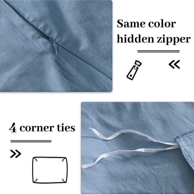 NEXHOME PRO Duvet Cover Set Kids Twin Size Linen Look Textured Organic Natural 100% Washed Cotton Duvet Cover Blue 2 Pieces Bedding Set with Zipper Closure, Corner Ties, Breathable (No Comforter)