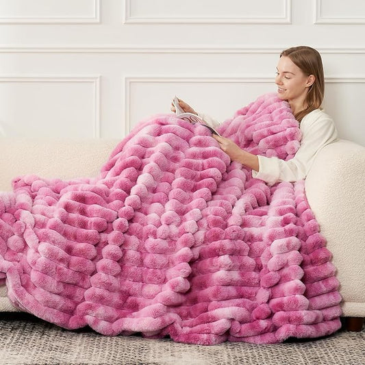 Cozy Bliss Faux Fur Throw Blanket for Couch, Cozy Warm Plush Striped Blanket for Sofa Bedroom Living Room, 60 * 80 Inches Tie-dye Pink