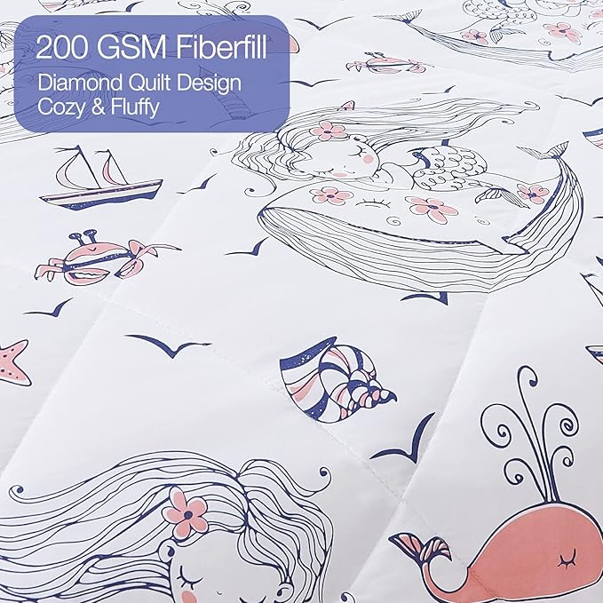 JSD Mermaid Full Comforter Set for Girls, 3 Piece Ocean Theme Microfiber Comforter with Pillow Shams, Lightweight All Season Washable