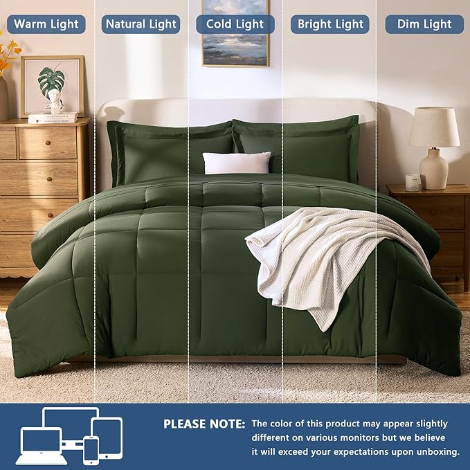 CozyLux King Size Comforter Set Olive Green - 7 Pieces Bed in a Bag King, Okeo-Tex Certifited Bedding Set, All Season Soft Bed Set with Down Alternative Comforter, Sheets, Pillowcases & Pillow Shams
