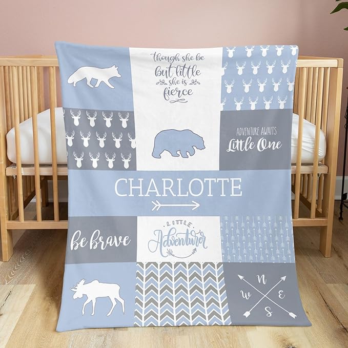 Personalized Baby Blankets for Girls, Baby Blanket for Girls with Name, Soft Plush Receiving for Newborns - Essential Baby Items, Woodland Bear, Ashley Blue, 35x45 Inches