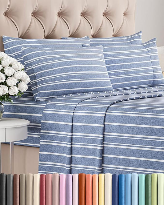 Cal King 6 Piece Sheet Set - Comfy Breathable & Cooling - Soft Hotel Luxury Bedding Set w/ 8-16 Inch Deep Pockets - 1 Flat & 1 Fitted Sheet & 4 Pillowcases - Wrinkle Free & Easy Care - Blue Stripes 3