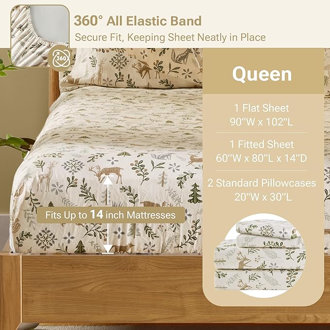 Sleep Philosophy True North 100% Cotton Flannel Sheets Queen Size, Cozy Flannel Sheet Set Brushed for Extra Softness, Heavyweight Novelty Print Warm Flannel Bedding Set, Tan Woodland Winter 4 Piece