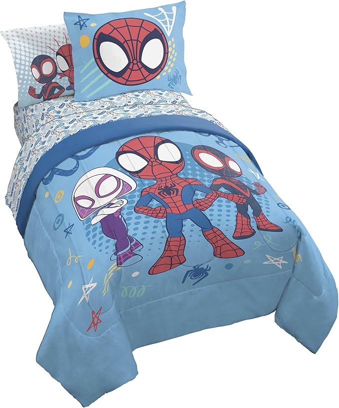Jay Franco Kids Comforter Set Includes Sheets and Pillow Covers - Soft and Cozy Bed Set for Stylish Room Decor, Light Blue - Spidey & His Amazing Friends, 7 Piece Full Bedding