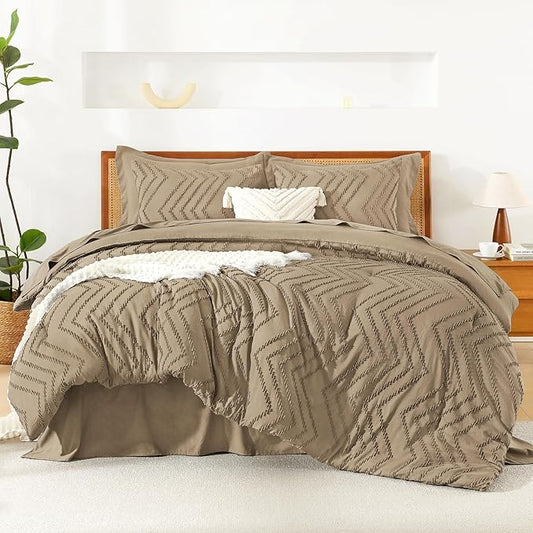 Litanika Taupe California King Size Comforter Set with Sheets - 7 Pieces Bed in a Bag California King Boho Tufted Complete Bedding Sets with Comforter, Sheets, Pillowcases & Shams