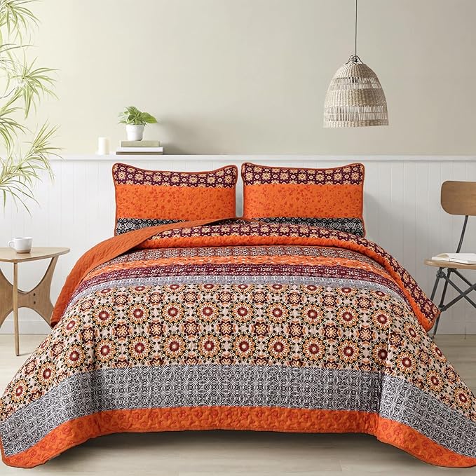WONGS BEDDING Boho Quilt Set King,Fall Burnt Orange Bohemian Striped Patchwork Bedspread Coverlet Set with 2 Pillowcases,Lightweight Microfiber Floral Bedding Set 104"×90"
