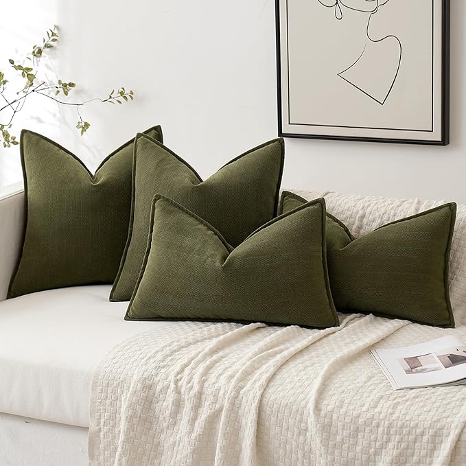 MIULEE Pack of 2 Olive Green Decorative Pillow Covers 26x26 Inch Soft Chenille Luxurious Couch Throw Pillows Boho Cushion Covers Euro Shams with Elegant Design for Sofa Bed Living Room Home Decor
