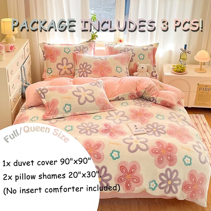MorroMorn Pink Duvet Cover Queen, Floral Bedding Sets, Comforter Covers Set, Down Alternative Blanket Ultra Soft Kawaii Cute Blooming Flowers for Girls Kids Teen Women Full Double Size