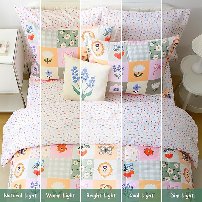 Mooreeke Kids Twin Comforter Sets for Girls 6 Pieces Floral Butterfly Bedding Set for Teens Microfiber Splice Block Flower Kids Bed in A Bag with Comforter, Sheet Set, Shams and Decorative Toy Pillow