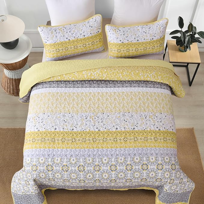 WONGS BEDDING Boho Quilt Set California King, Yellow Bohemian Striped Patchwork Bedspread Coverlet Set with 2 Pillowcases,Lightweight Microfiber Floral Bedding Set 106"×96"