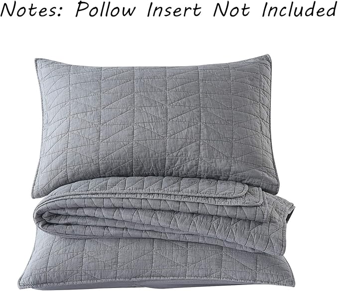 HORIMOTE HOME Quilt Set King Size, Stone-Washed Chic Rustic Grey Coverlet with Classic Triangle Stitched Pattern, Ultra Soft Lightweight Quilted Bedspread for All Season, 3 Pieces