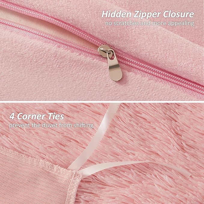 EMME Luxury Fuzzy Duvet Cover Set King Size Fluffy Comforter Cover Set for King Bed Shaggy and Plush Soft Bedding Duvet Covers (Pink, King)