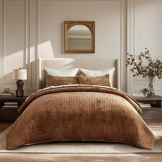 EVERGRACE Velvet Quilt Set Queen Size, Luxurious Soft Striped Channel Bedding Set, Lightweight Velvet Comforter for All Season, Oversized Bedspread Coverlet with 2 Matching Shams, Dark Brown