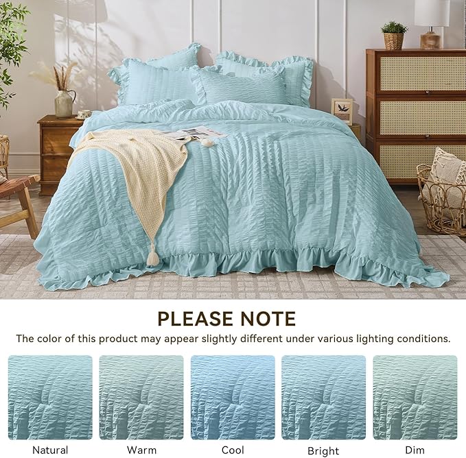 JOLLYVOGUE Light Blue King Size Comforter Set, 3 Pieces Seersucker Comforter King Size, Lightweight & Fluffy Bedding Sets for All Season with 1 Ruffle Comforter and 2 Ruffle Pillowshams