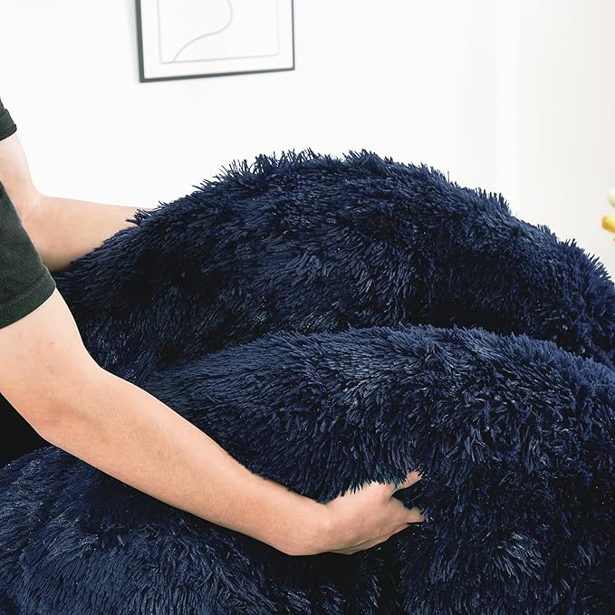 annadaif Fluffy Duvet Cover Full Size, Navy Blue Plush Shaggy Faux Fur Comforter Cover Velvet Bedding Set with Zipper Closure(1 Duvet Cover, 2 Pillowcases)