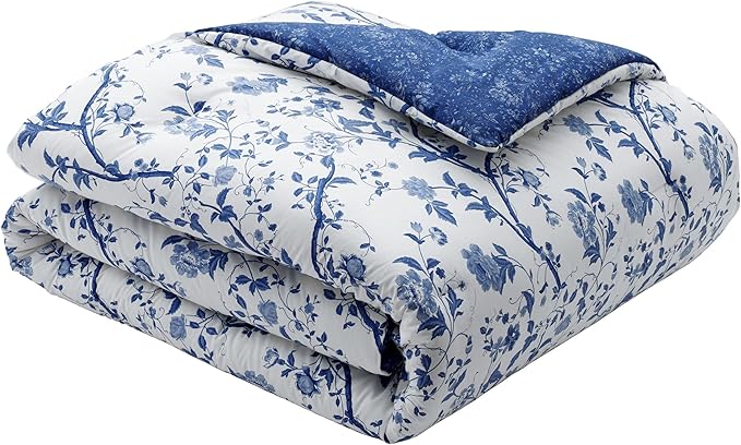 Laura Ashley - Queen Comforter Set, Soft & Reversible Cotton Bedding, Medium Weight for Year Round Comfort, 7 Piece Bed Set with Matching Pillowcases, Euro Shams & Bonus Throw Pillows (Elise Blue)