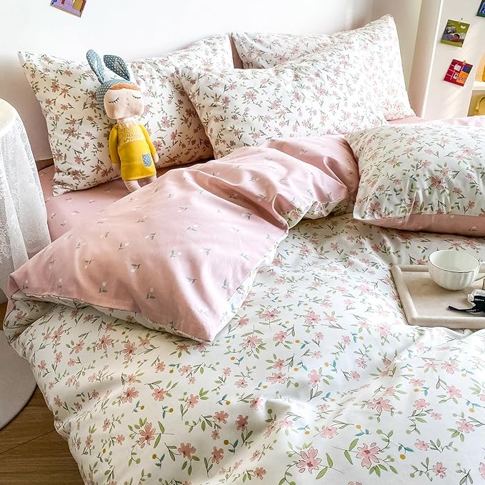 HighBuy White Cotton Floral Duvet Cover Full Girl Pink Floral Bedding Set Garden Style Botanical Coquette Bedding Comforter Cover with Zipper Closure,Cottagecore Duvet Cover Set Full,2 Pillowcases