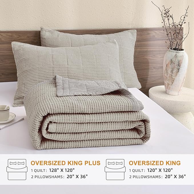 Sanracie Oversized King Bedspread(120"x120"), Cotton Waffle Weave Quilt Set 3Pcs Soft Lightweight Farmhouse Oversized King Quilt Bedding Set,Luxury Bedding Coverlet for All Seasons