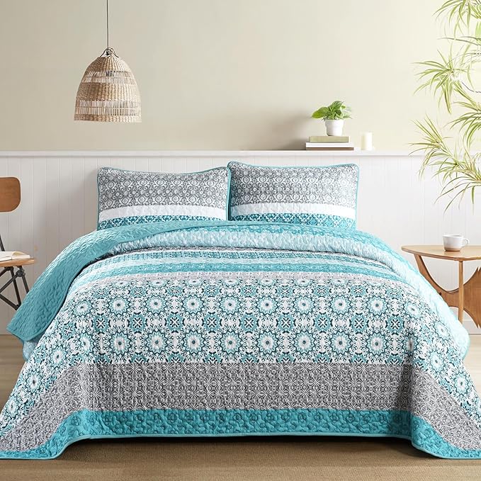 WONGS BEDDING Boho Quilt Set Queen Size,Teal Bohemian Striped Patchwork Bedspread Set,3 Pieces Microfiber Bedding Set for All Seasons (96"x90")