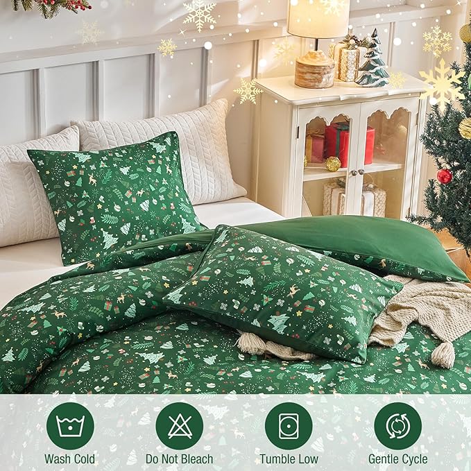 Lekesky Christmas Duvet Cover Queen Size,3 Pieces Reversible Duvet Cover Set with Red Snowflake Holiday Bedding Set with Zipper and 8 Corner Ties (Queen,90"x90"),Green