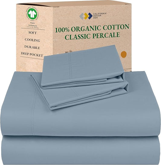 California Design Den Soft 100% Organic Sheets Full Size Bed Set with Deep Pockets - Crisp Percale Sheets, Breathable and Durable Bedding Set - Blue Hydrangea