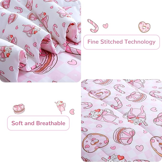Viviland Kids Full Bedding Sets for Girls, Soft Full Comforter Set with Sheets, 7 Pieces Microfiber Bed in a Bag, Pink Dessert Cake