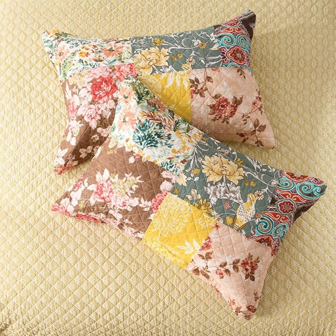 Autumn Dream Cotton Bedspread Quilt Sets Reversible Bedding Coverlet Sets, Luxury Vintage Floral Patchwork Yellow Bedspread,Queen Size