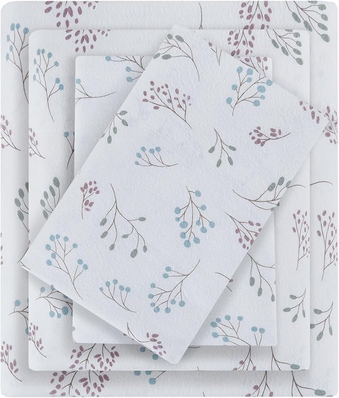 True North by Sleep Philosophy Flannel Sheets King Size, Cozy 100% Cotton Flannel Bed Sheets, Ultra Soft Sheet Set, Novelty Print Themed Cold Weather Warm Bedding Set, White Tossed Botanical, 4 Piece