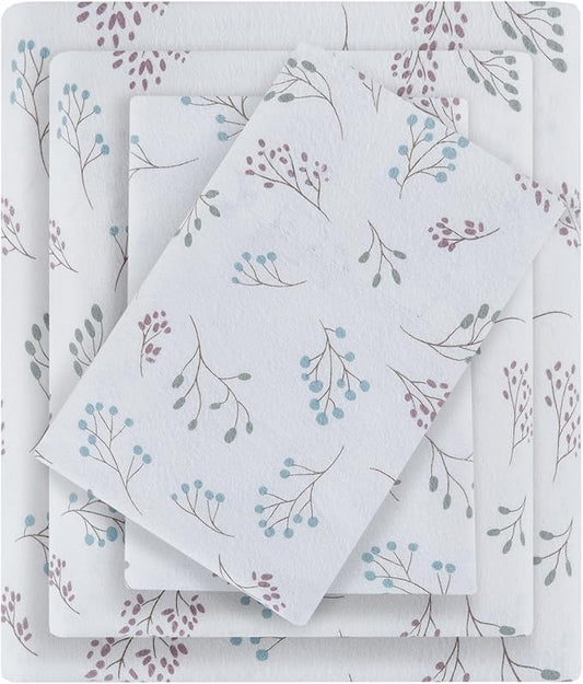 True North by Sleep Philosophy Flannel Sheets King Size, Cozy 100% Cotton Flannel Bed Sheets, Ultra Soft Sheet Set, Novelty Print Themed Cold Weather Warm Bedding Set, White Tossed Botanical, 4 Piece