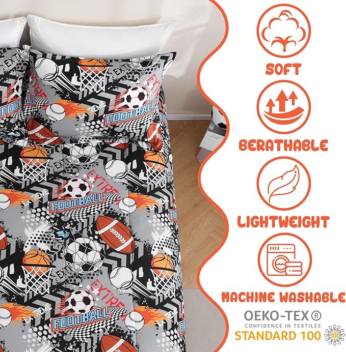 Yibeizi Grey Sports Comforter Set for Boys Full Size, Kids Football Basketball Baseball Printed Bedding Set with Pillow Sham, Cute Lightweight Soft Breathable Machine Washable Quilted Bed Comforter