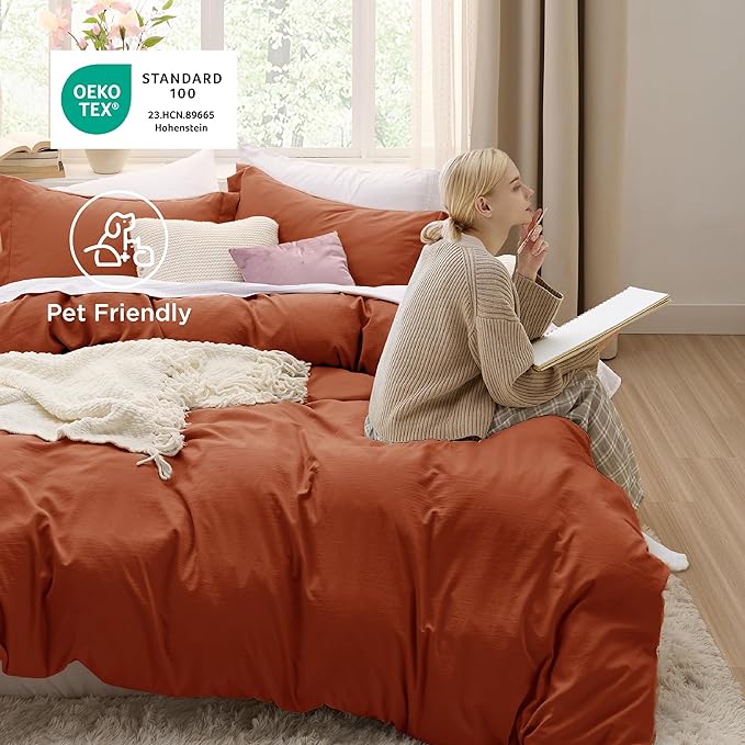 Bedsure Terracotta Duvet Cover King Size - 3 Pieces Prewashed Cotton-Like Extra Soft Bedding Set, Includes 1 Duvet Cover 104x90 Inches with Zipper Closure & 2 Pillow Shams, Comforter Not Included