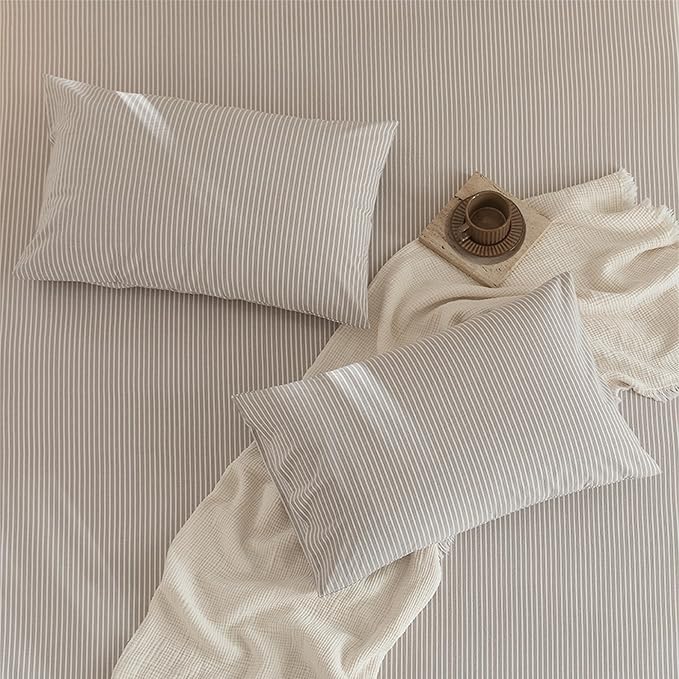 JIYUAN 100% Washed Cotton Striped Duvet Cover Set 3 Pieces Queen, 1 Duvet Cover and 2 Pillowcases(Comforter Not Included),Linen Like Comfy and Breathable,Pinstripes - Taupe White