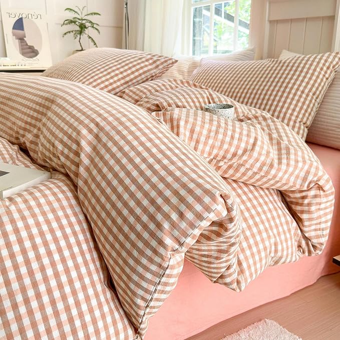LifeTB Pink Gingham Duvet Cover Twin 3 Pieces Pink Plaid Duvet Cover 100% Washed Cotton Bedding Boho Coral Grid Comforter Cover Farmhouse Checkered Gingham Bedding Set with 2 Pillowcases